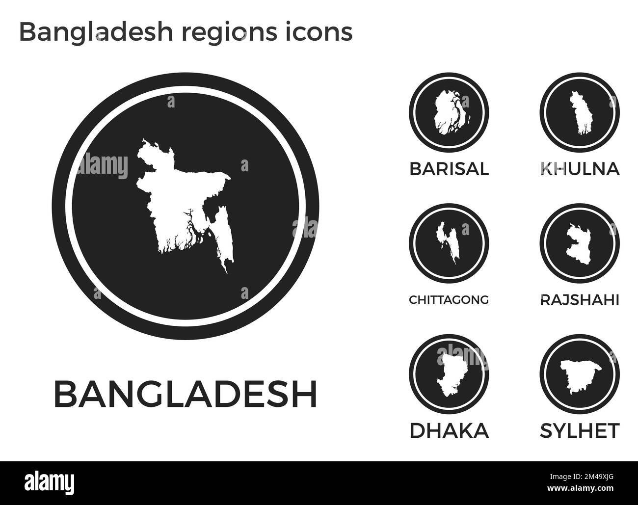 Bangladesh regions icons. Black round logos with country regions maps and titles. Vector illustration. Stock Vector