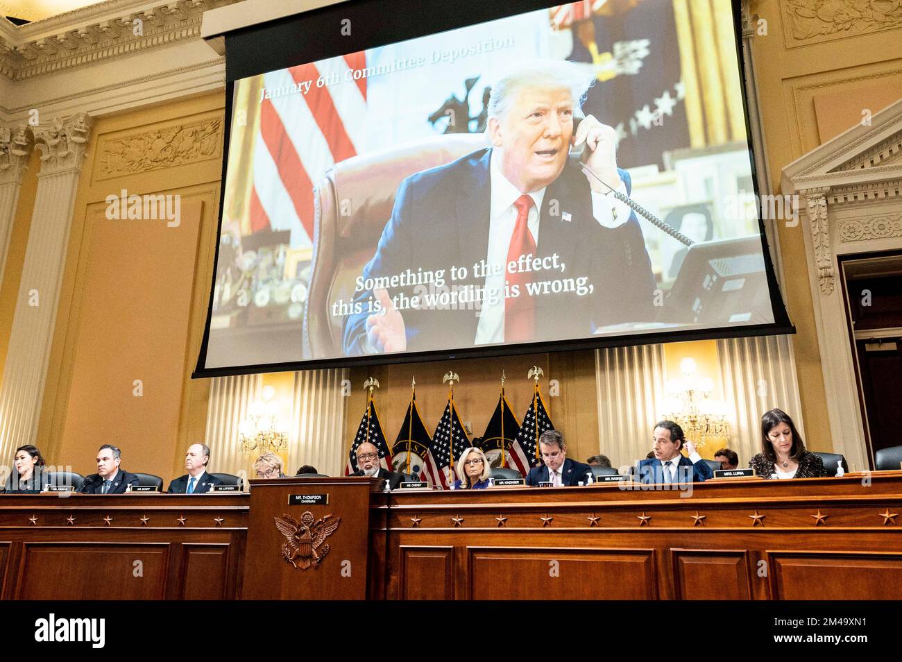 December 19, 2022, Washington, District of Columbia, USA: President DONALD TRUMP is displayed on a screen during a hearing of the Select Committee to Investigate the January 6th Attack on the US Capitol. The committee investigating the deadly Jan. 6 Capitol insurrection will complete its 17-month probe with votes on recommendations for the first-ever criminal prosecution of a former president, with offenses including insurrection. (Credit Image: © Michael Brochstein/ZUMA Press Wire) Stock Photo