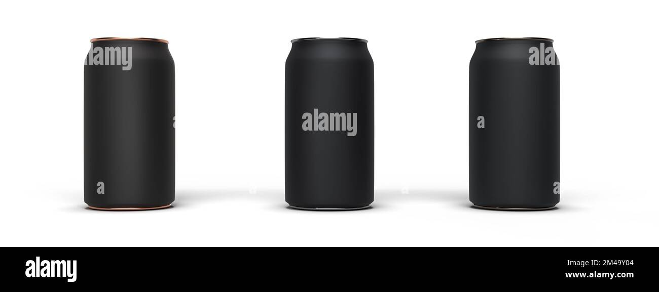 Set of three metallic soda cans with a matt black brandable surface for copy space. Gold, Stainless Steel and Titanium. Isolated on a white background Stock Photo