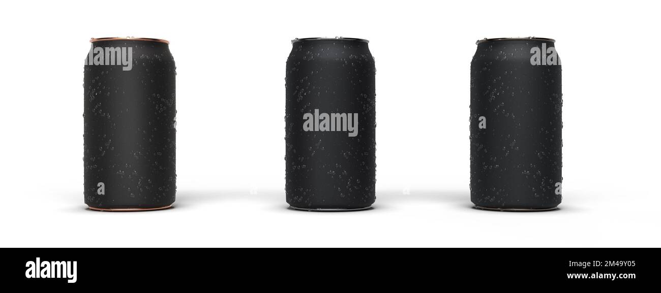 front view of 3 beer cans with water droplets on surface. 3D render