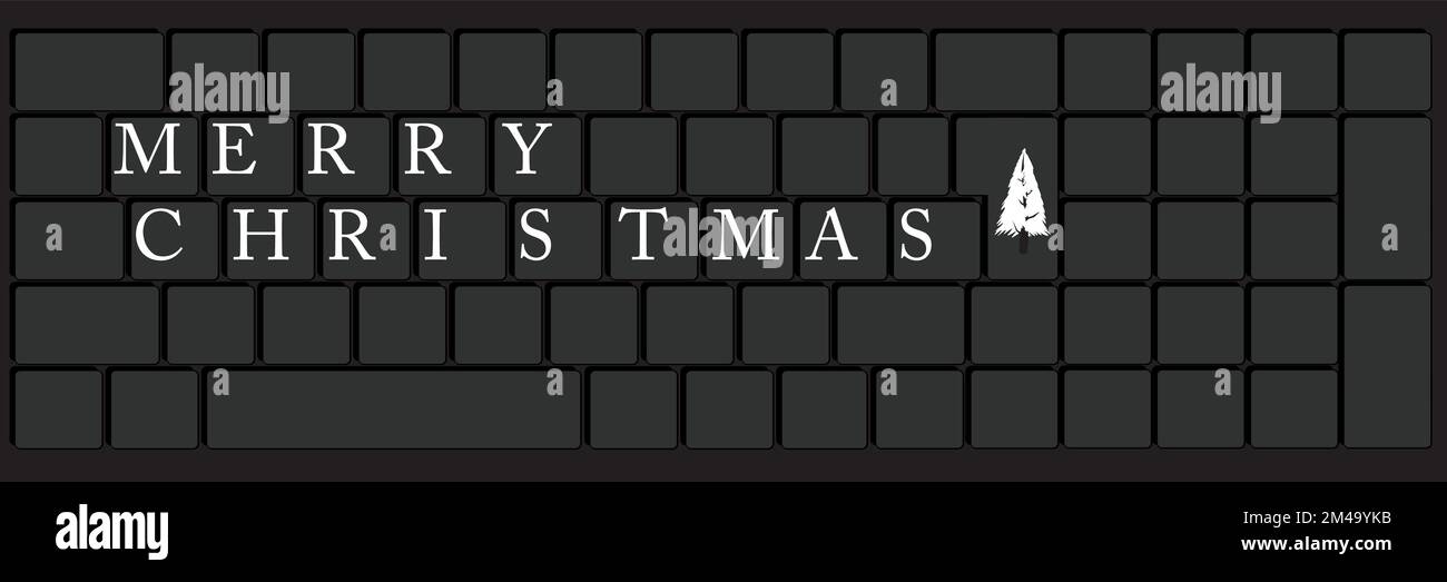 Computer Keyboard with Merry Christmas text. Close-up of an electronic Computer Device part, keypad. Stock Vector