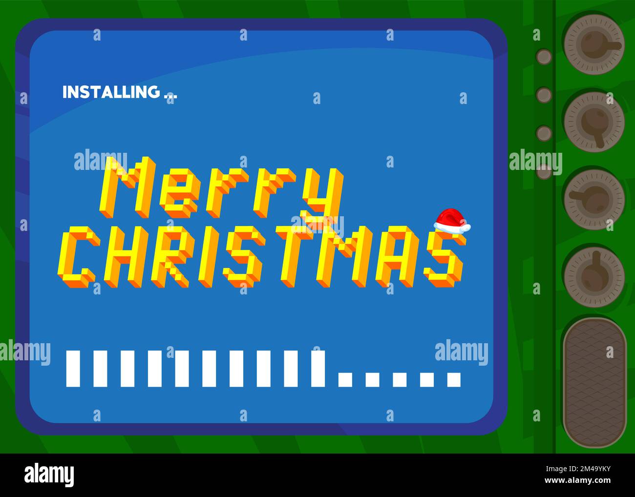 Cartoon Computer With the word Merry Christmas. Message of a screen displaying an installation window. Stock Vector