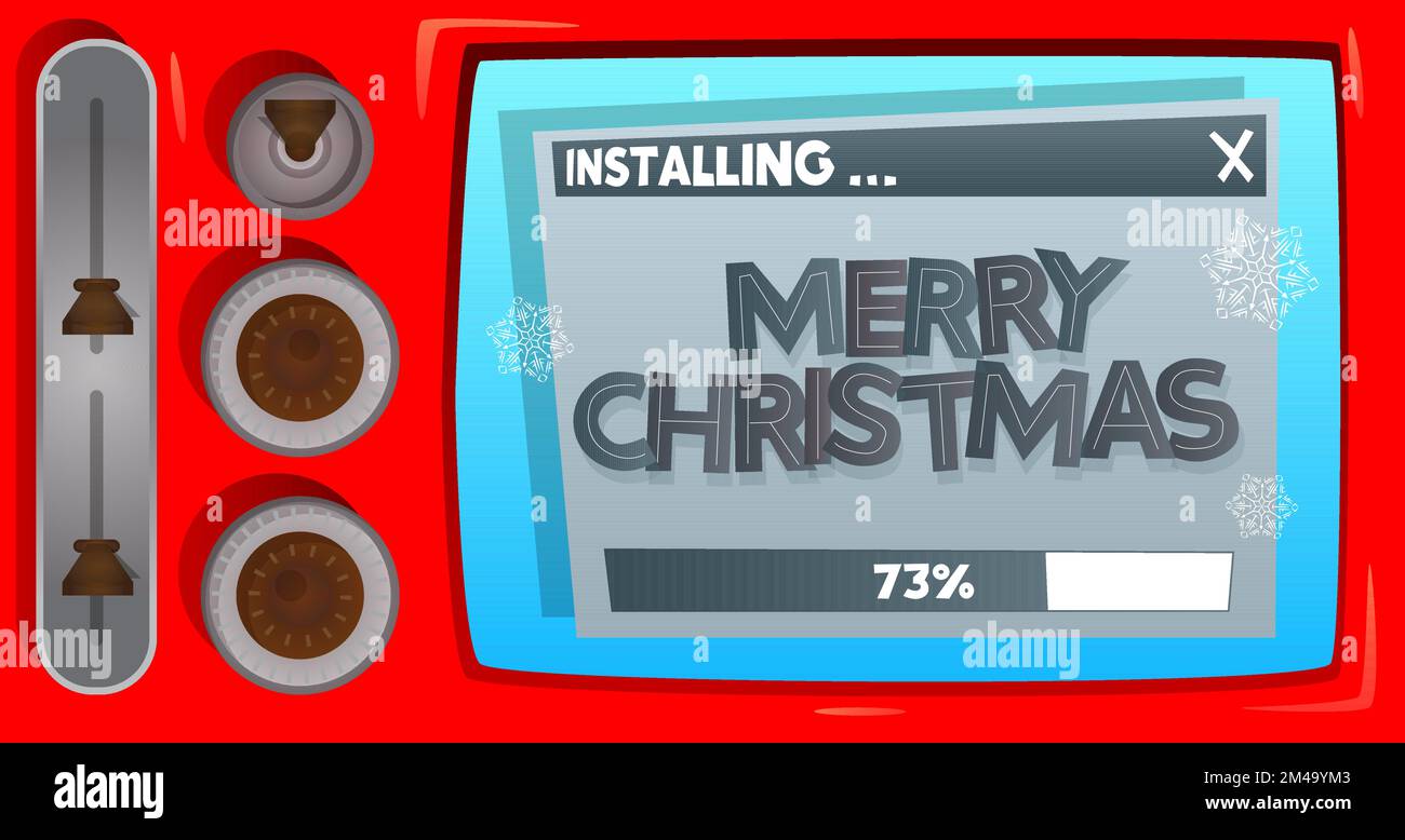 Cartoon Computer With the word Merry Christmas. Message of a screen displaying an installation window. Stock Vector