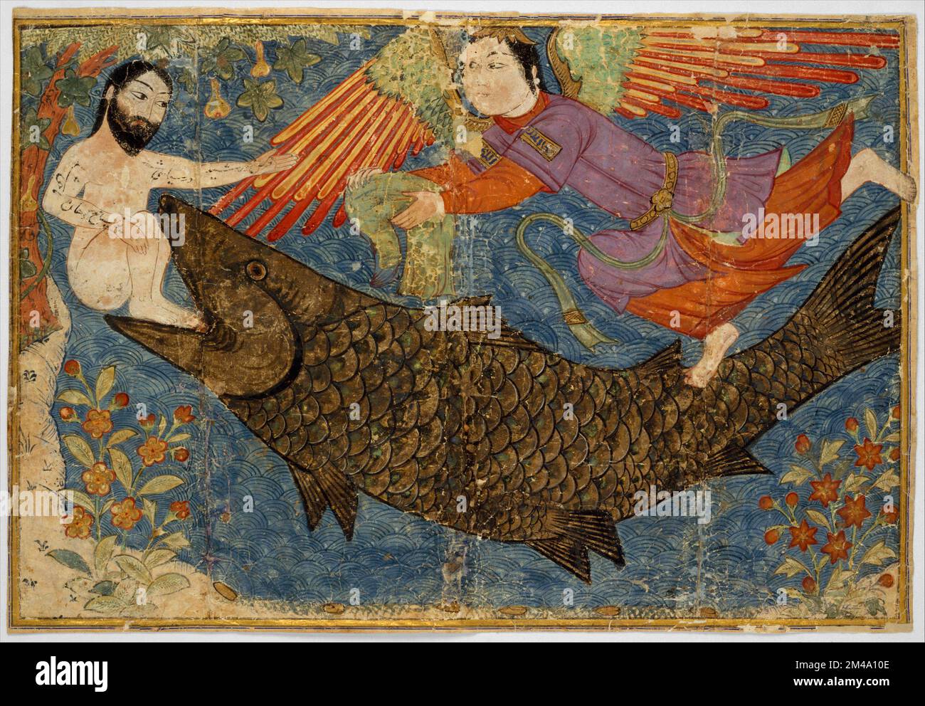 Iran / Persia: Jonah rescued from the belly of the whale, helped by an angel. Folio from a copy of the Jami al-Tawarikh (Compendium of Chronicles) by Rashid al-Din Hamadani (1247-1318), c. 1400. Jonah is the name given in the Hebrew Bible (Tanakh/Old Testament) to a prophet of the northern kingdom of Israel in about the 8th century BCE, the eponymous central character in the Book of Jonah, famous for being swallowed by a fish or a whale, depending on translation. The Biblical story of Jonah is repeated in the Qur'an, where Jonah is identified as Yunus or Yunan. Stock Photo