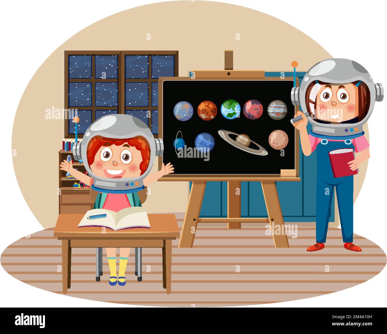 Kids learning astronomy in the classroom illustration Stock Vector