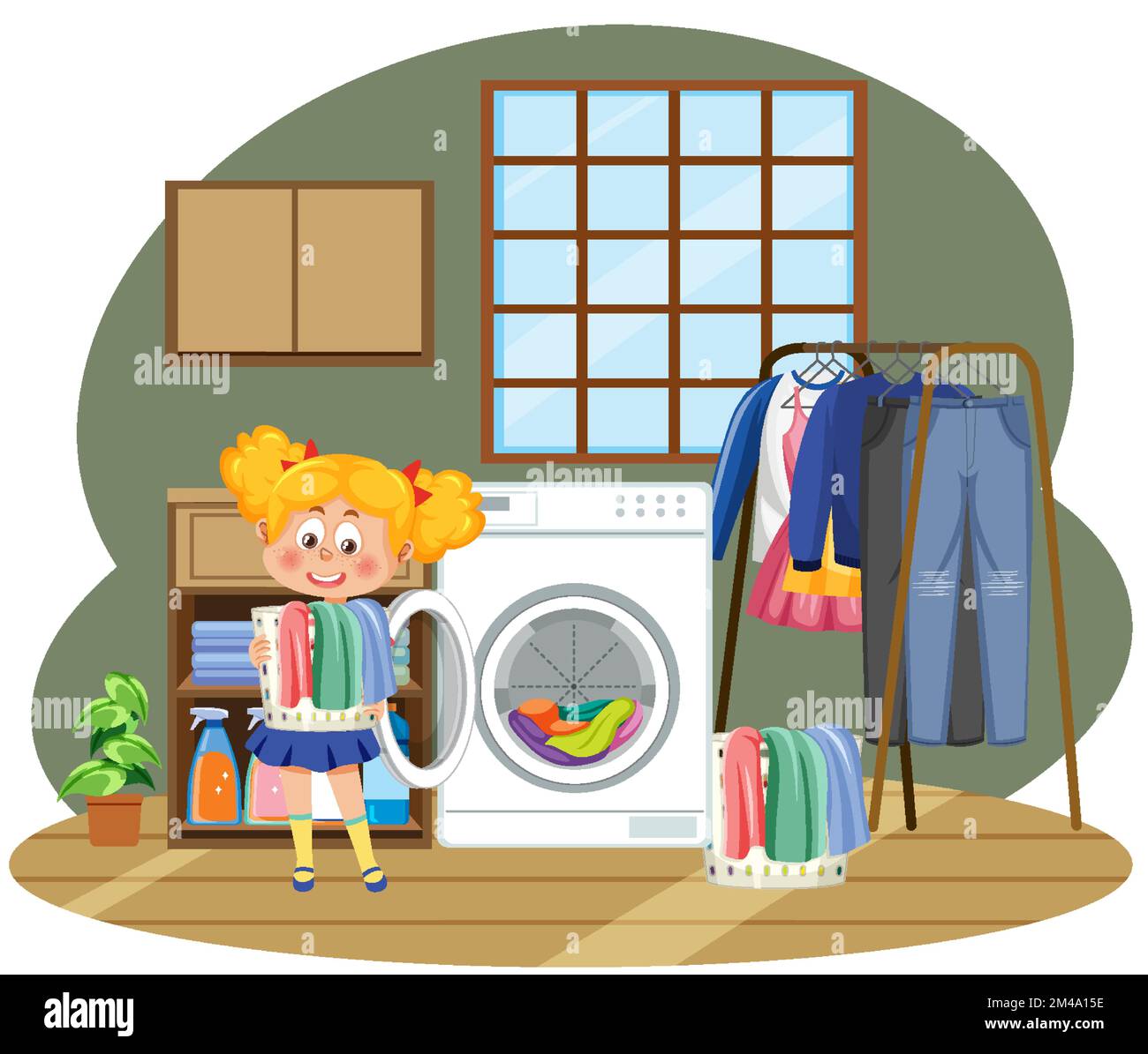 Kids doing laundry with washing machine illustration Stock Vector Image