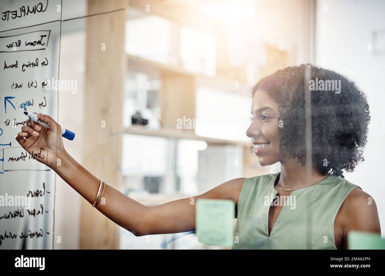 Shes in the process of planning. an attractive young businesswoman working on a glass wipe board in her office. Stock Photo