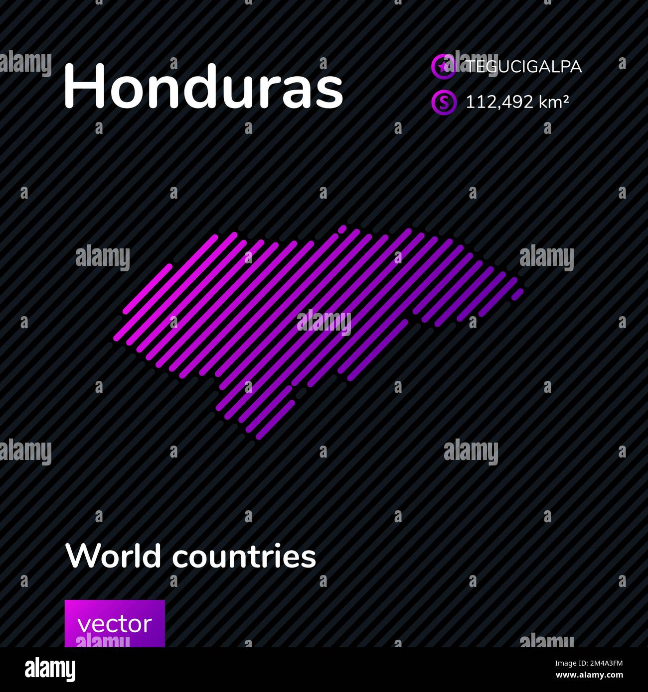 Vector creative digital neon flat abstract simple map of Honduras with violet, purple, pink striped texture on black background. Educational banner, p Stock Vector