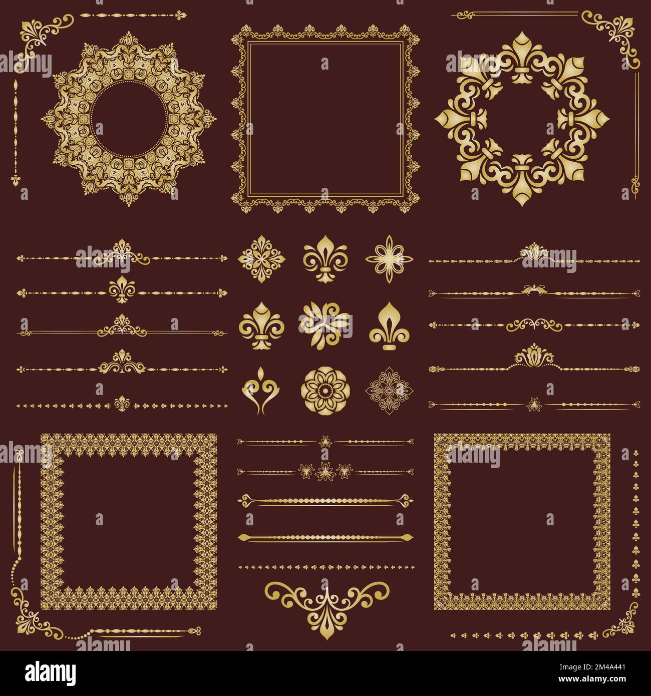 Vintage set of brown and golden vector horizontal, square and round ...