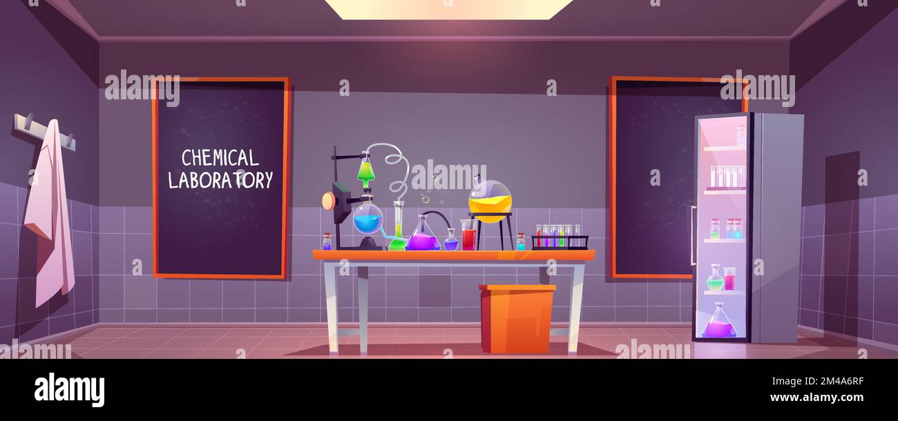 Chemical laboratory interior with glass flasks, tubes and beakers on