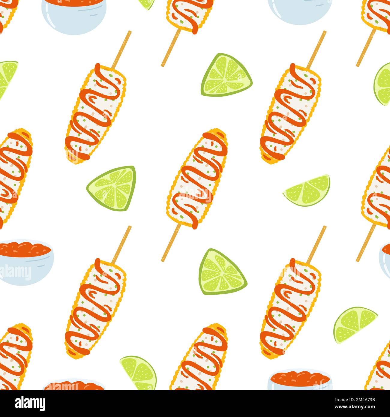 Seamless pattern with elote dish. Traditional Mexican food, folk cuisine. Vector background with grilled corn Stock Vector