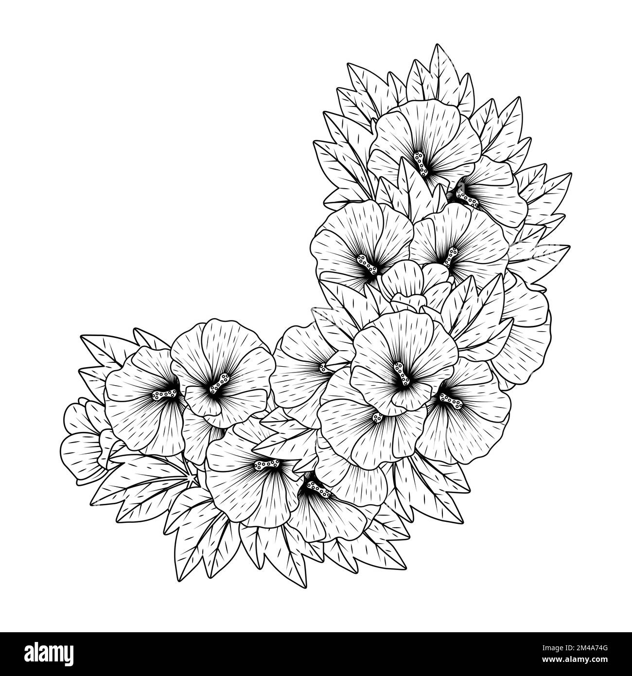 hollyhock flower doodle clip art coloring page with decorative flower background design illustration Stock Vector