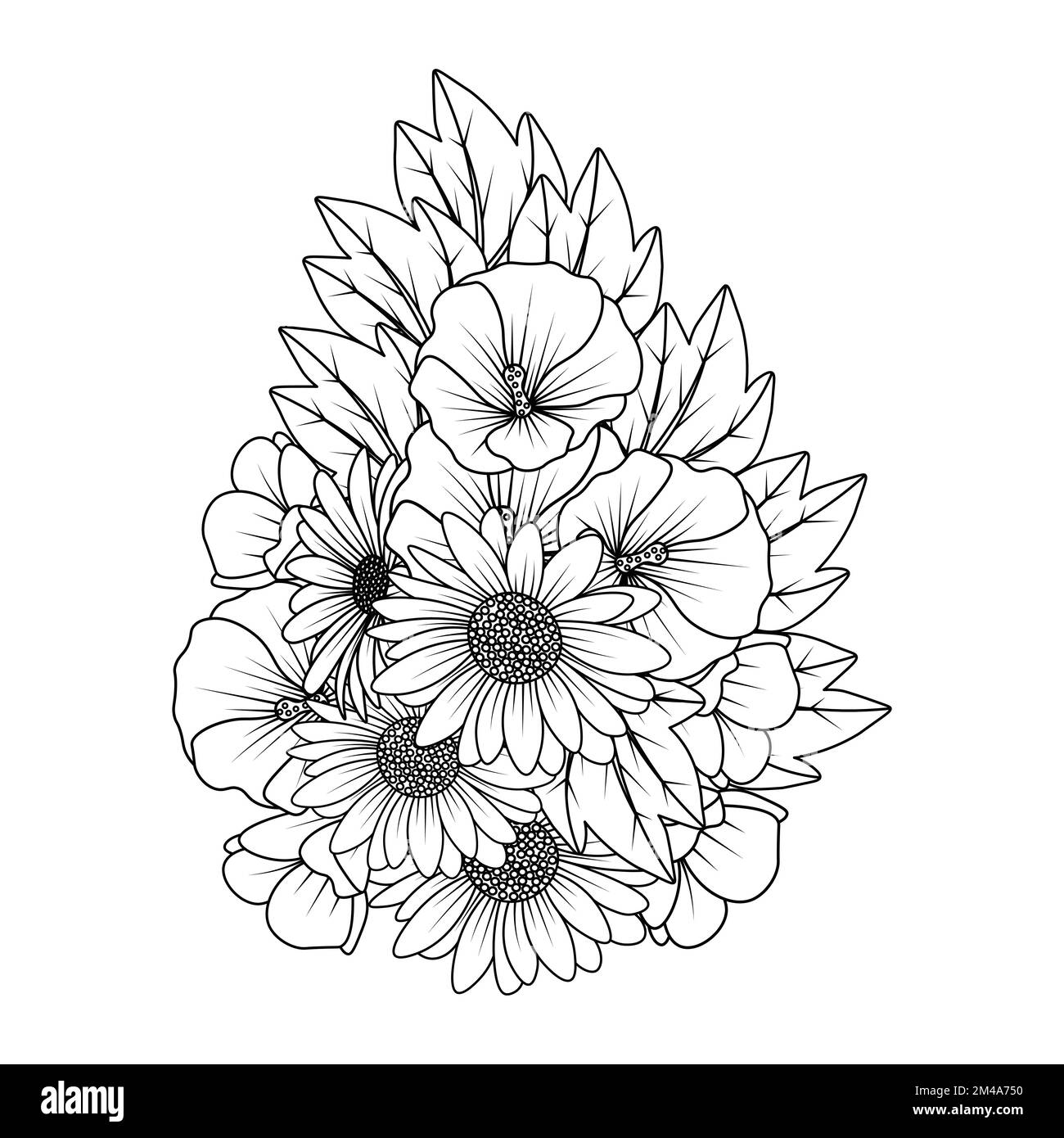 sunflower and hollyhock flower doodle art coloring page with decorative flower background design illustration Stock Vector