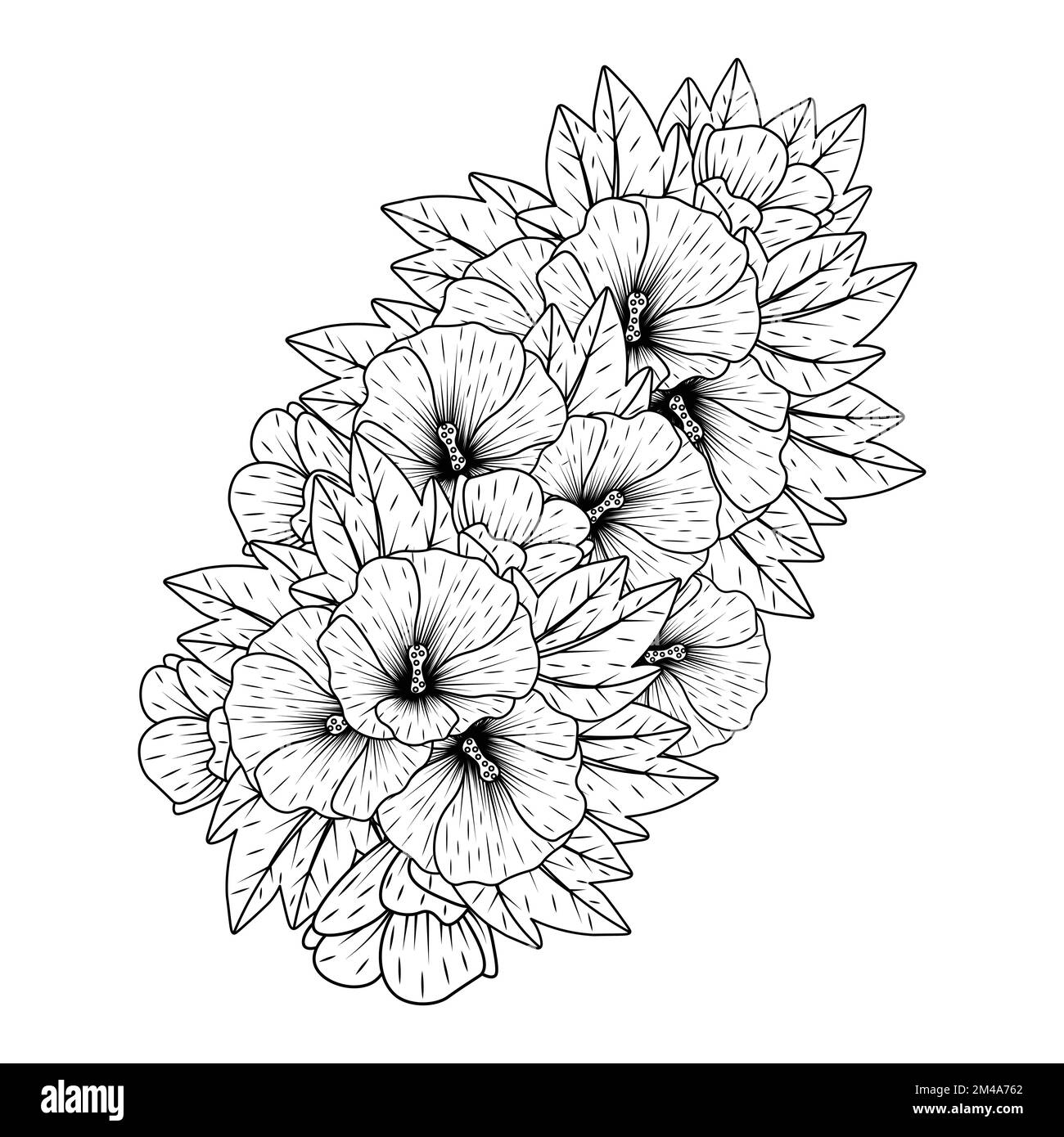hollyhock flower doodle clip art coloring page with decorative flower background design illustration Stock Vector