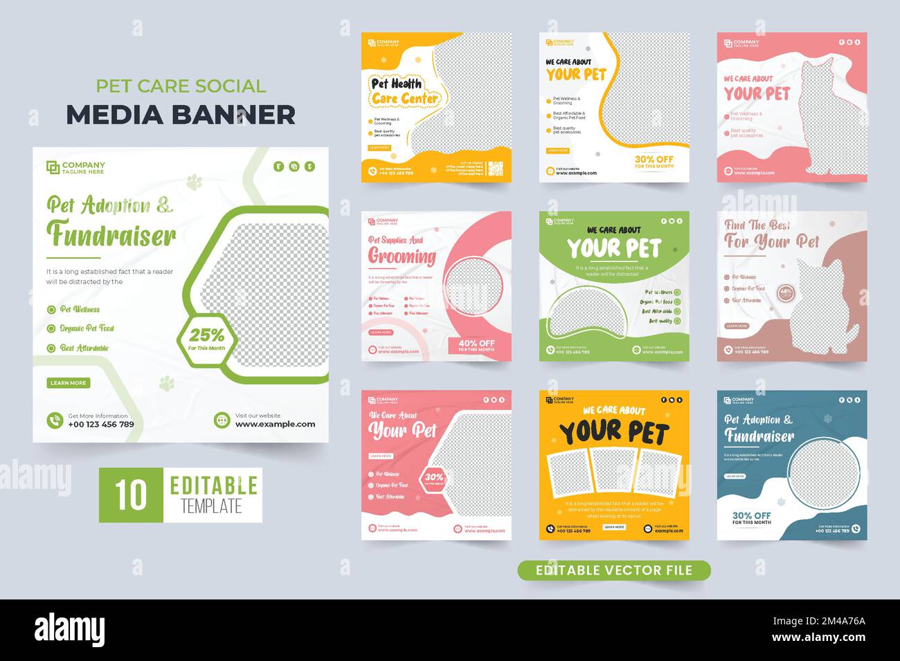 Pet care center social media template set vector with pink and green colors. Animal veterinary advertising web banner bundle with abstract shapes. Pet Stock Vector