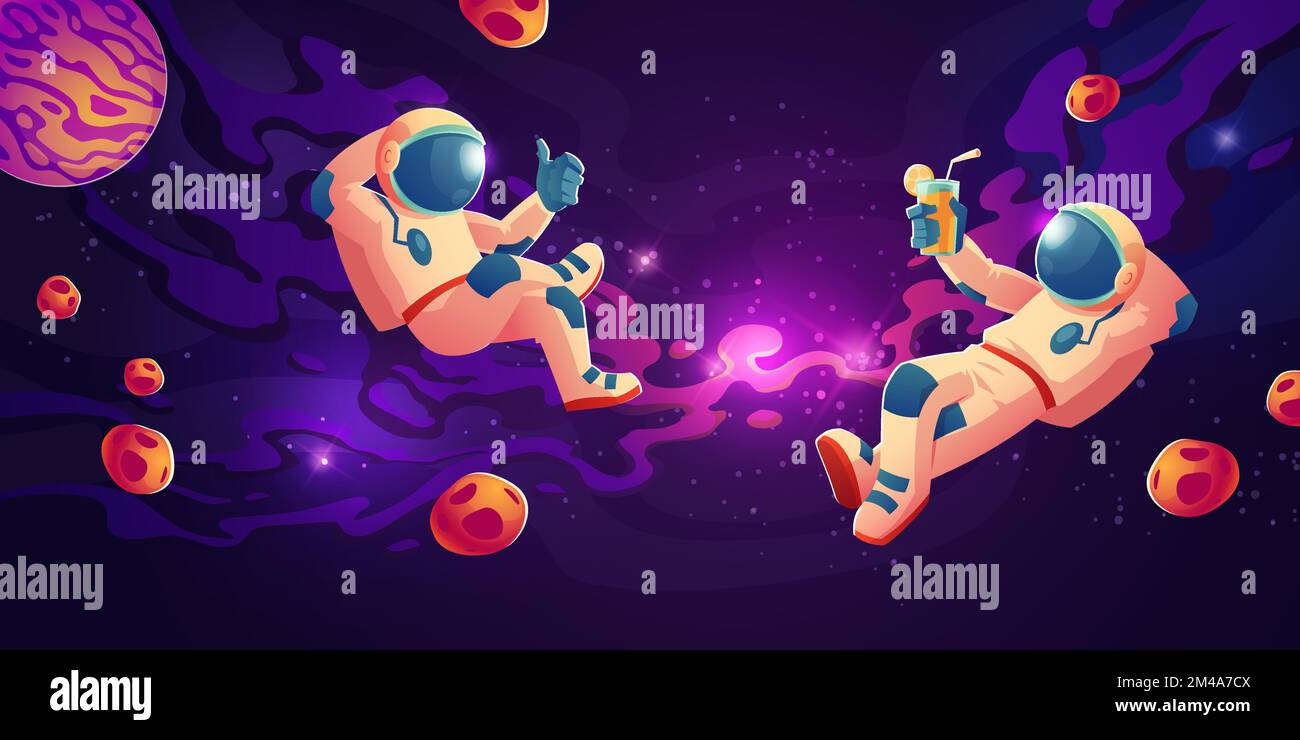 Astronauts in weightlessness drinking juice, show thumb up. Cosmonauts