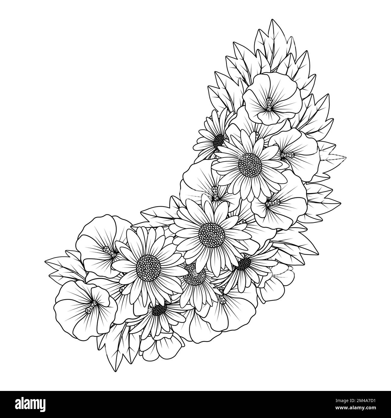 daisy and hollyhock flower zen doodle art design in detailed clip art vector graphic Stock Vector