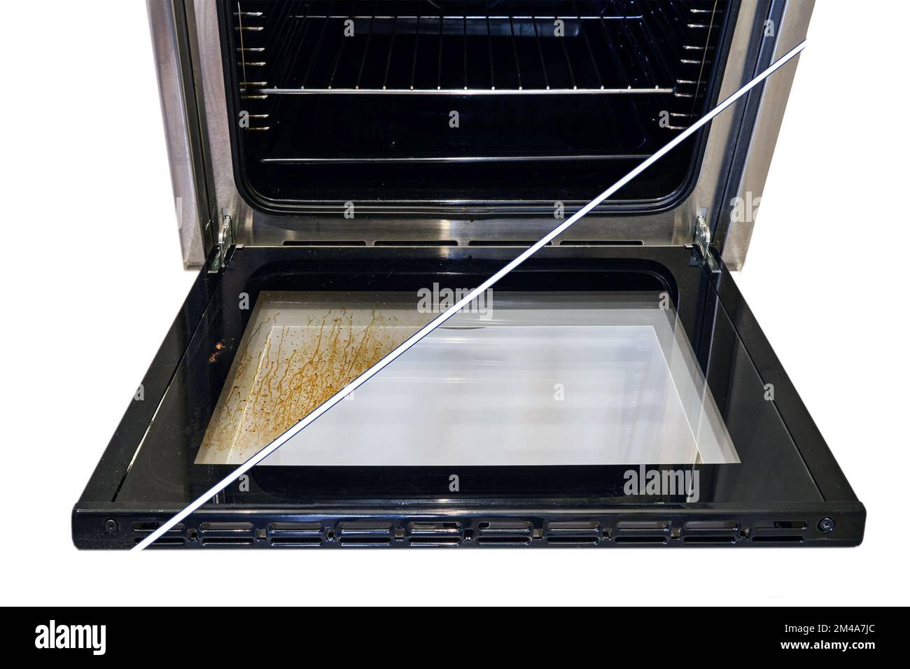 Dirty and clean oven, before and after cleaning and washing the stove