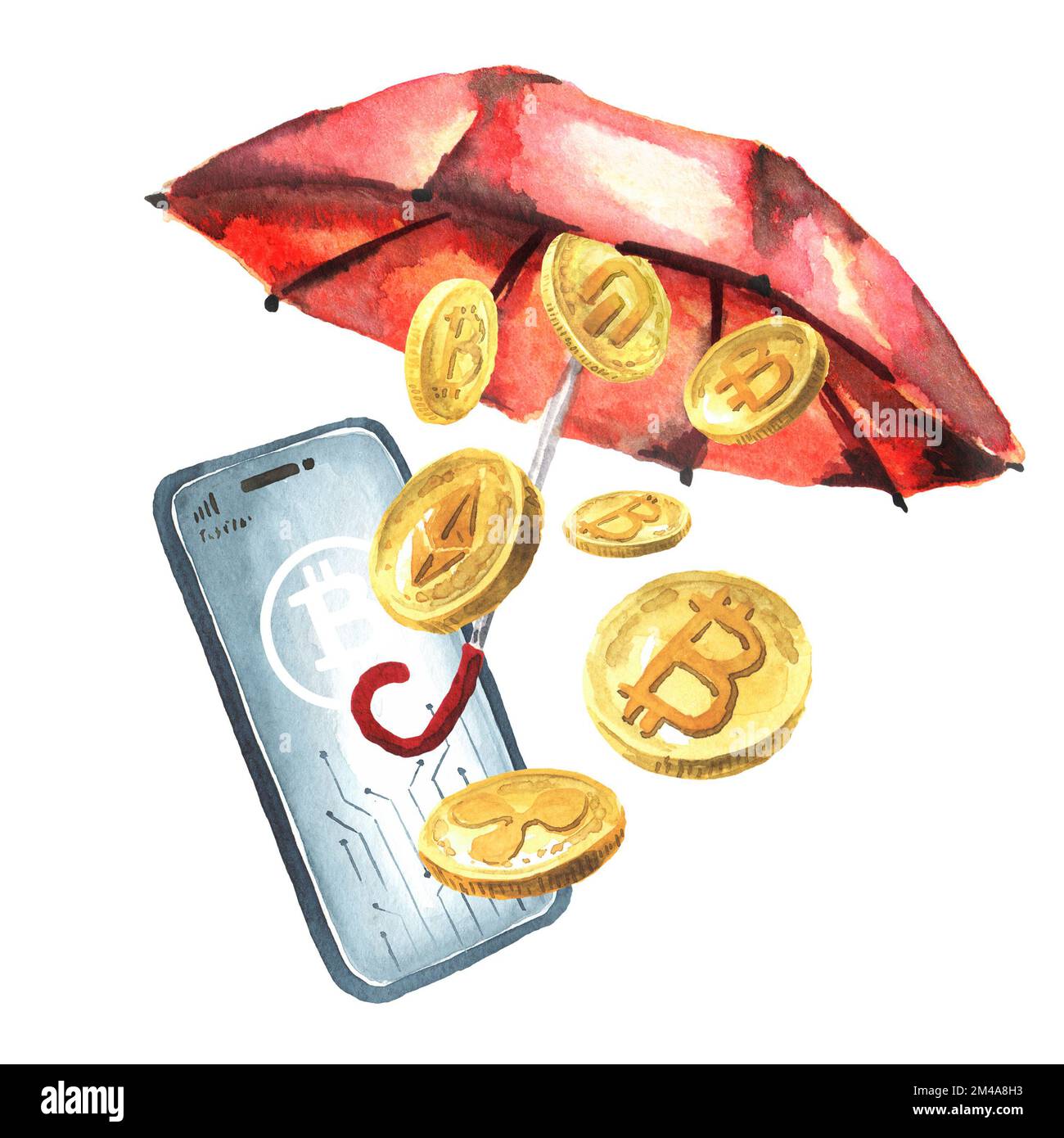 Digital crypto protection concept. Money under umbrella. Hand drawn