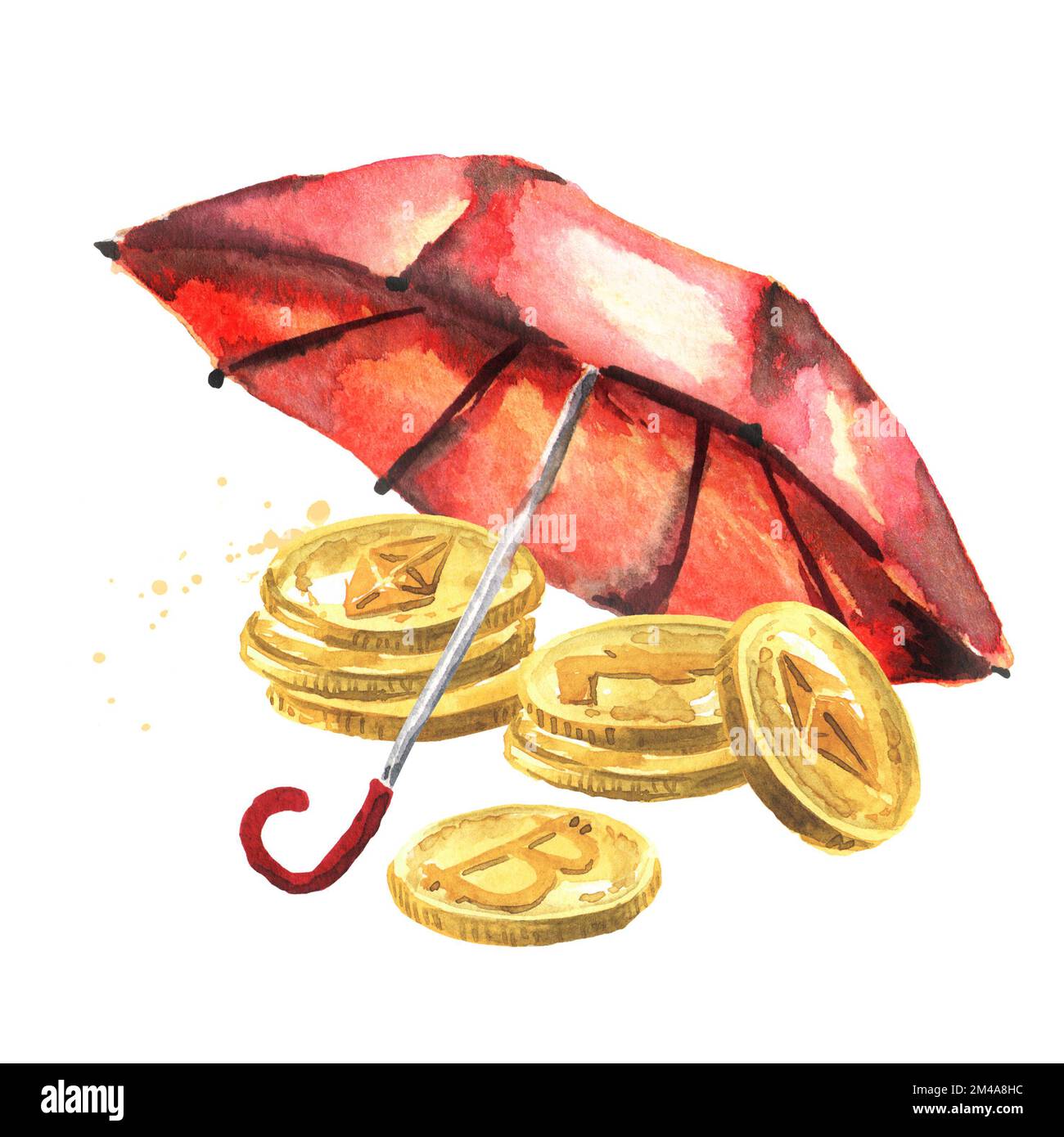 Digital crypto protection concept. Money under umbrella. Hand drawn