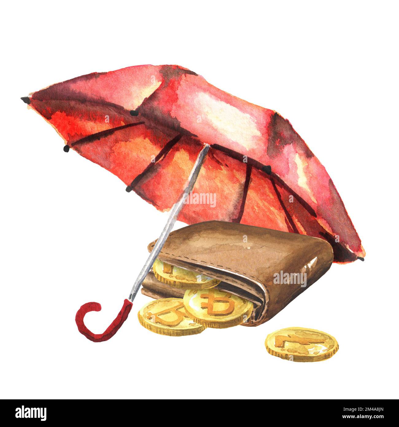 Digital crypto wallet protection concept. Money under umbrella. Hand