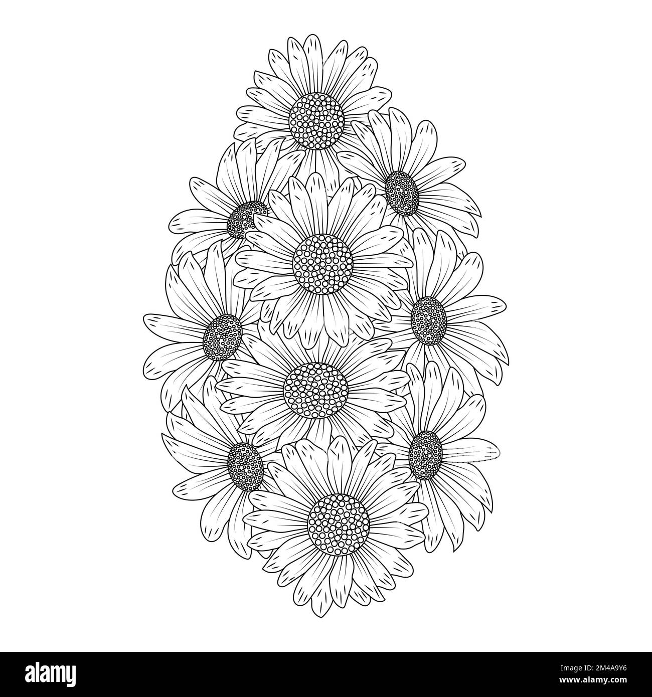 daisy flower adult coloring book page design of black line drawing beautiful daisy flower bouquet Stock Vector