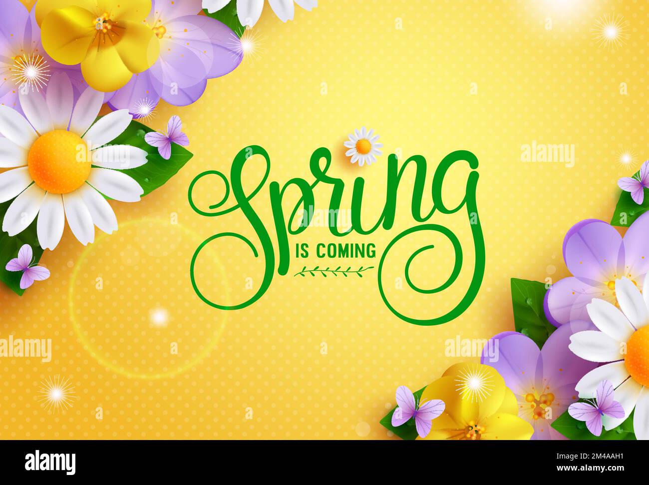 Spring flowers vector background design. Spring is coming text in empty ...