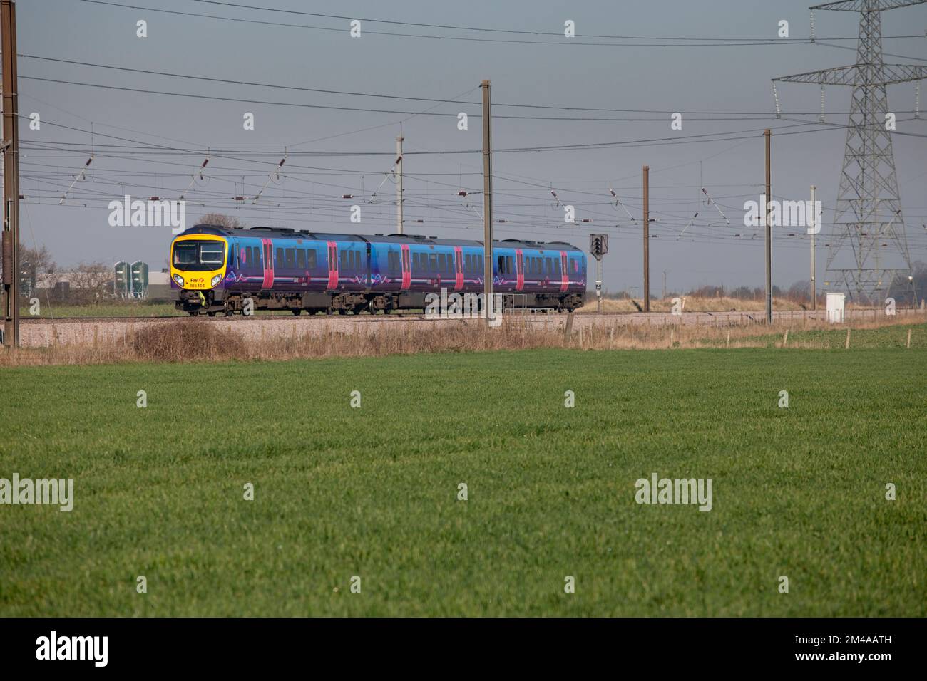 First Transpennine Express class 185 diesel train 185144 on the electrified east coast mainline at Sessay Stock Photo
