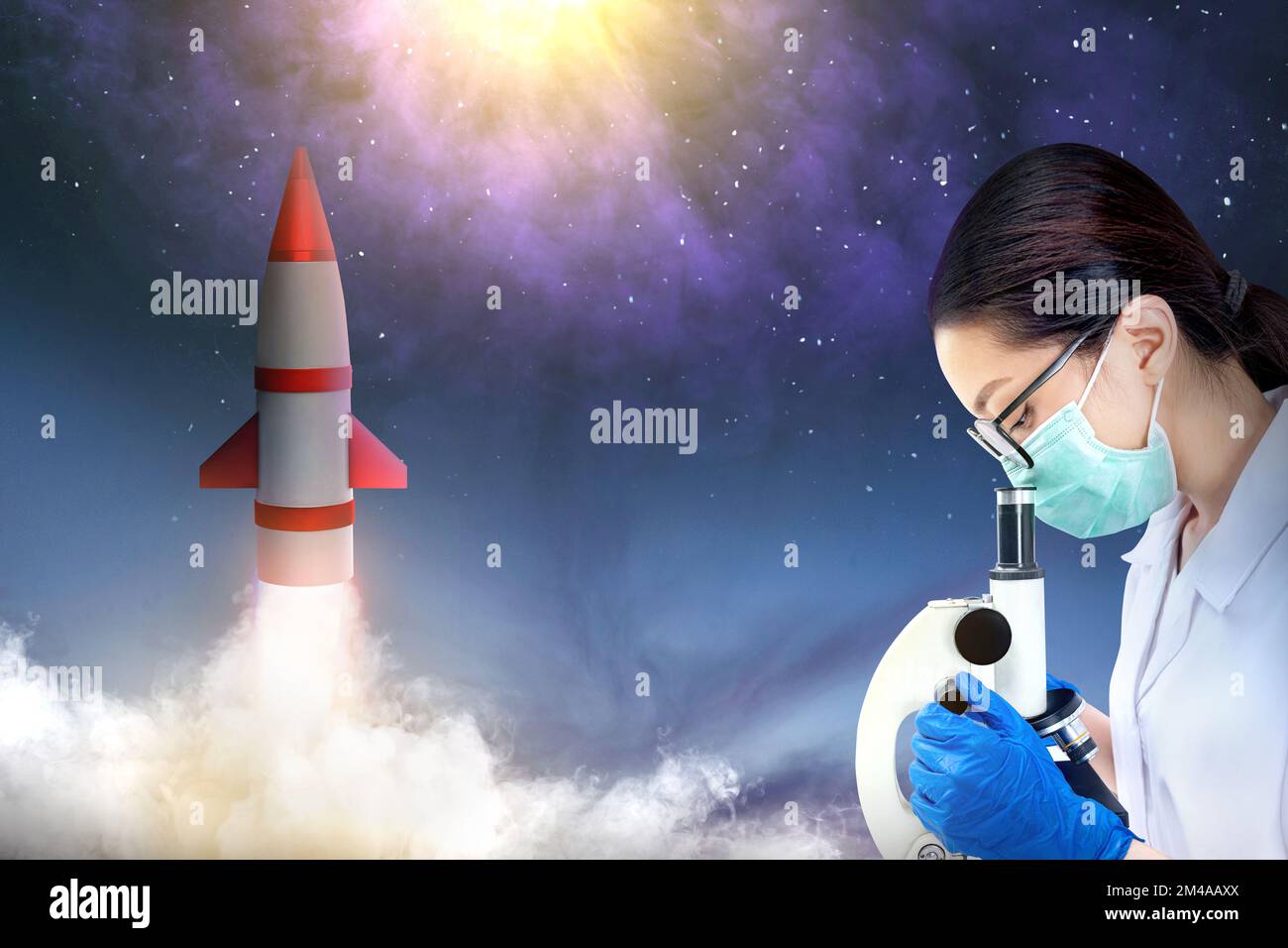 Asian female scientist using a microscope with a flying rocket in space. National Science Day Stock Photo