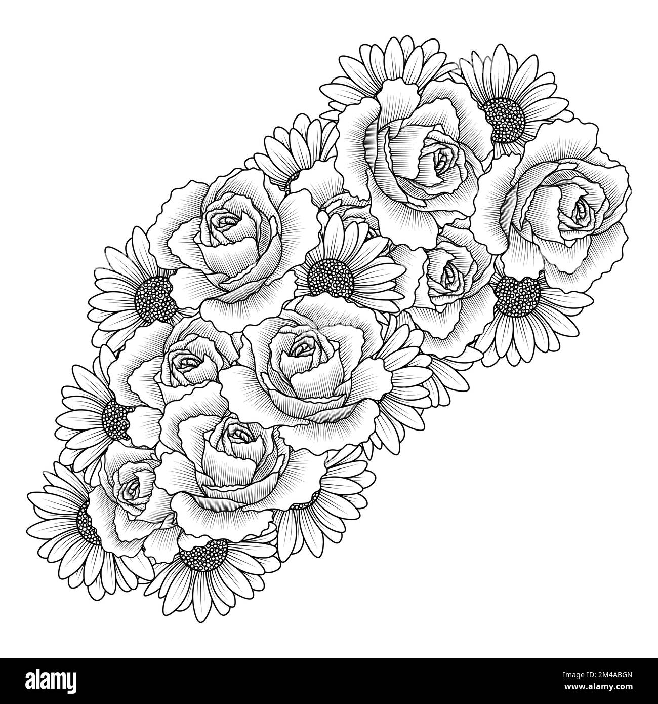 daisy flower and rose flower adult coloring book page design of vector clip art Stock Vector