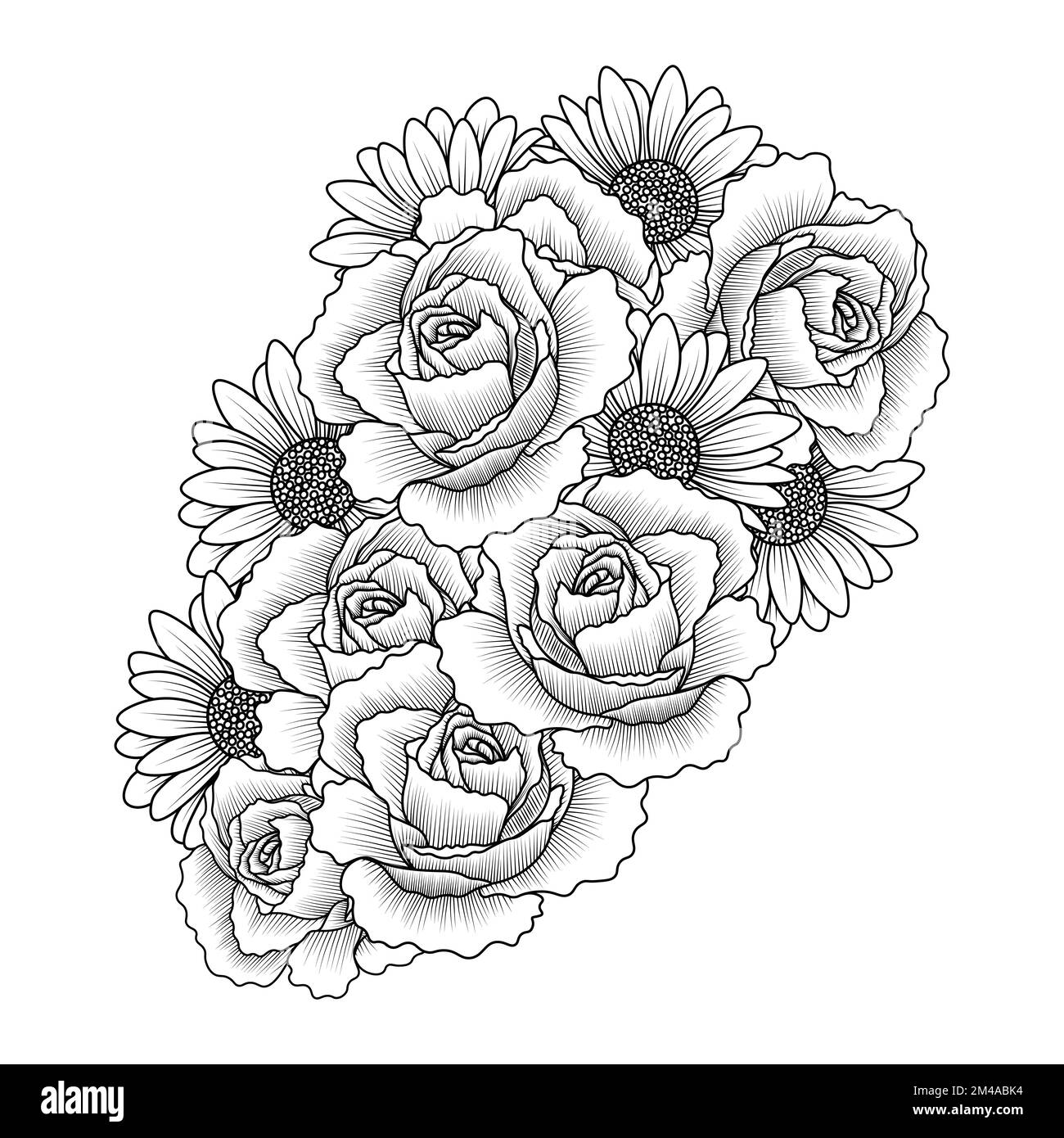 daisy flower and rose flower adult coloring book page design of vector clip art Stock Vector