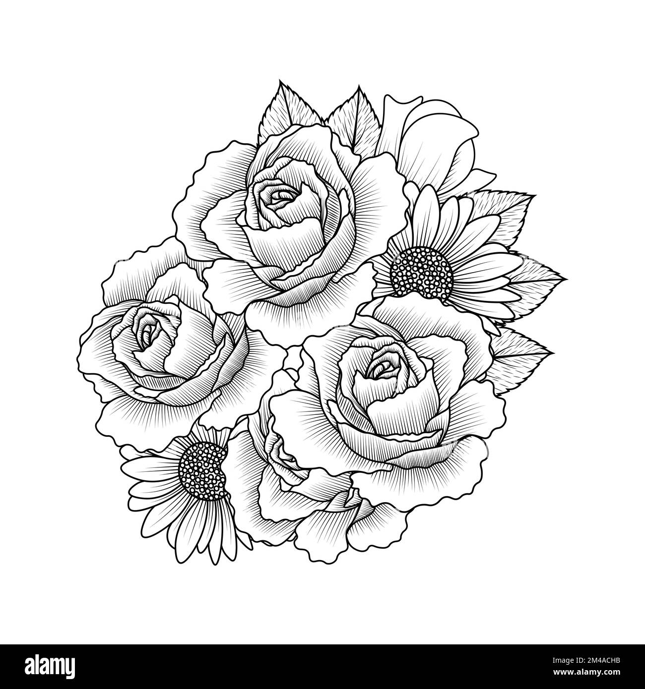 daisy flower and rose flower adult coloring book page design of vector clip art Stock Vector