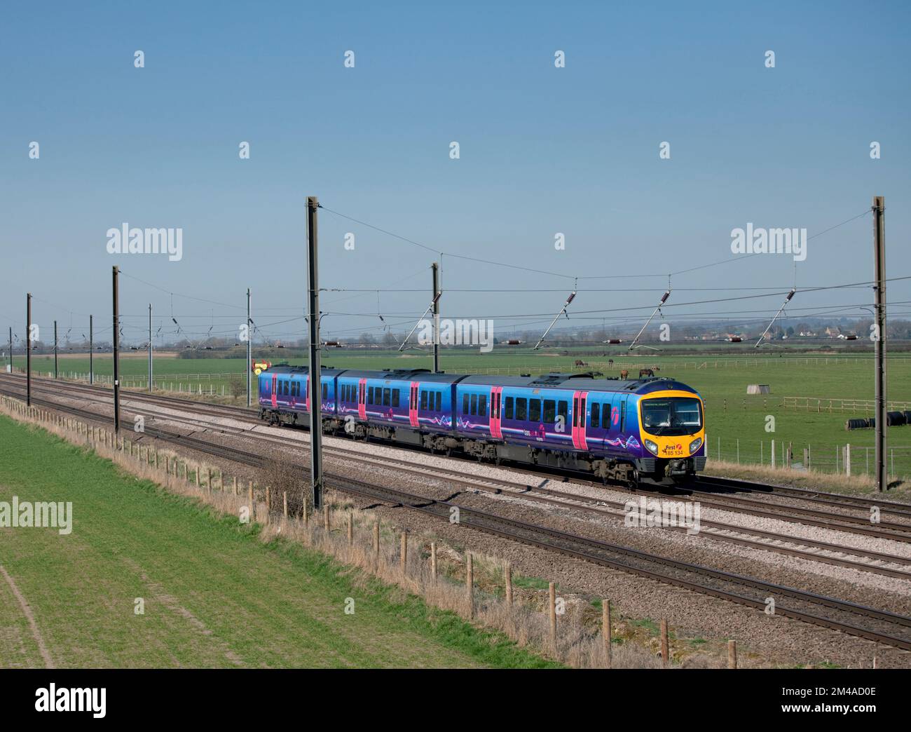First Transpennine Express class 185 diesel train 185134 on the 4 track electrified east coast mainline at Newsham Stock Photo