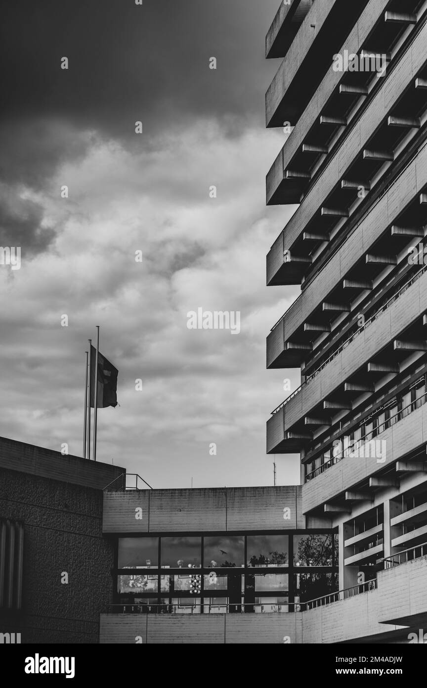 A vertical grayscale of modern buildings in Pforzheim, Germany Stock Photo