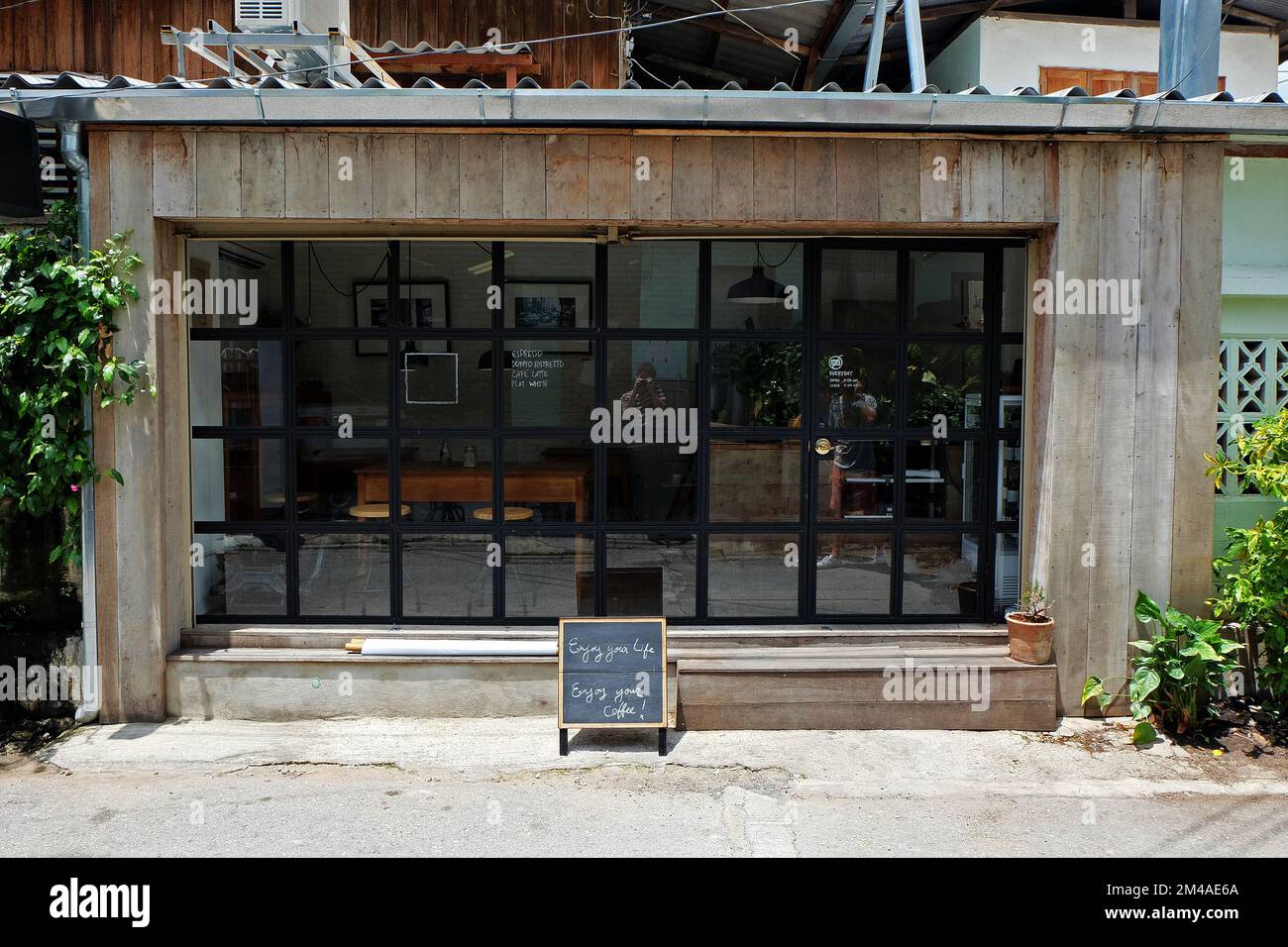 Exterior design and frontstore decoration of local coffee bar and bakery shop decorated with