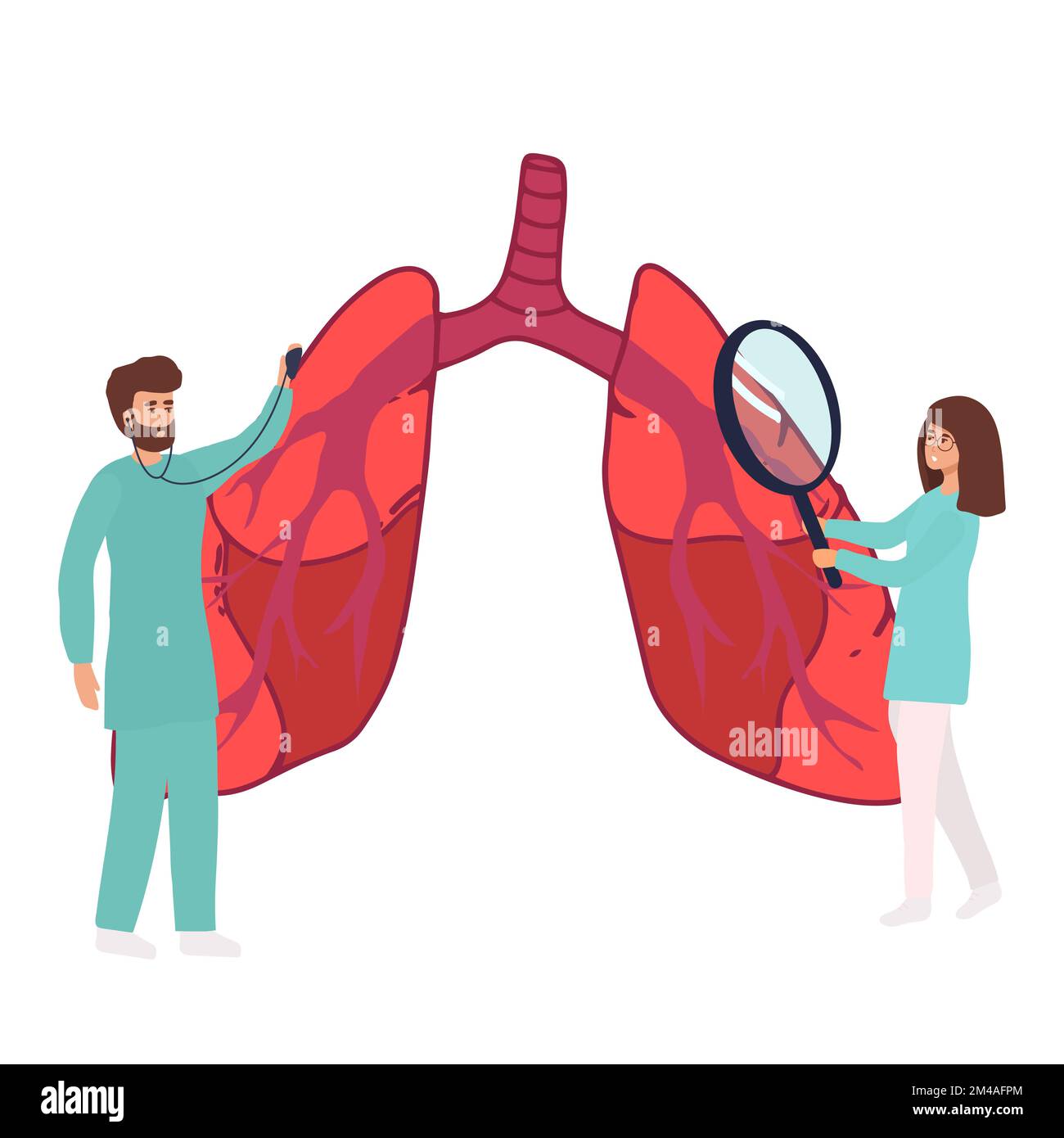 Pulmonology vector illustration. Flat tiny lungs healthcare persons