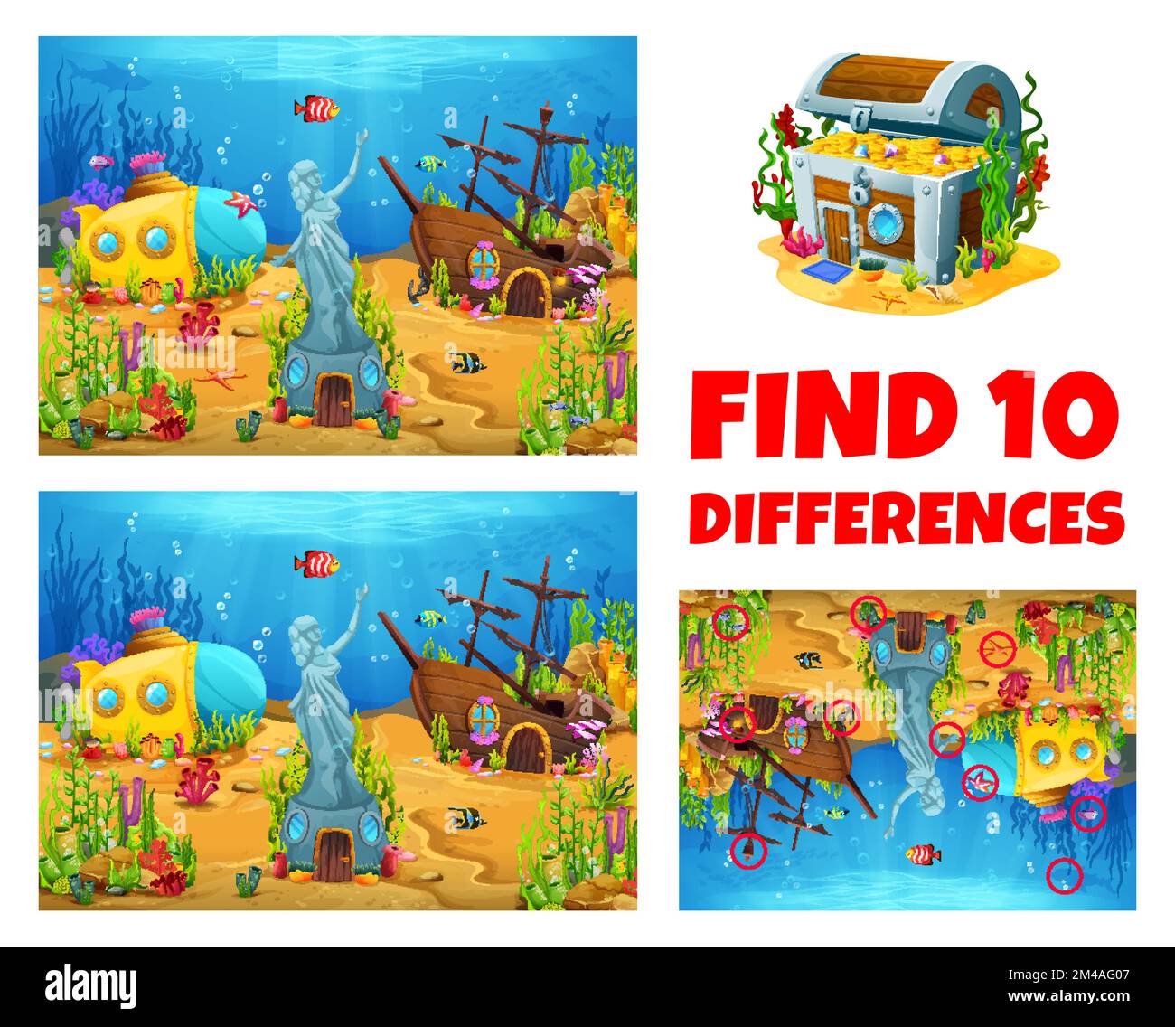 Find ten differences quiz. underwater landscape with sunken ships