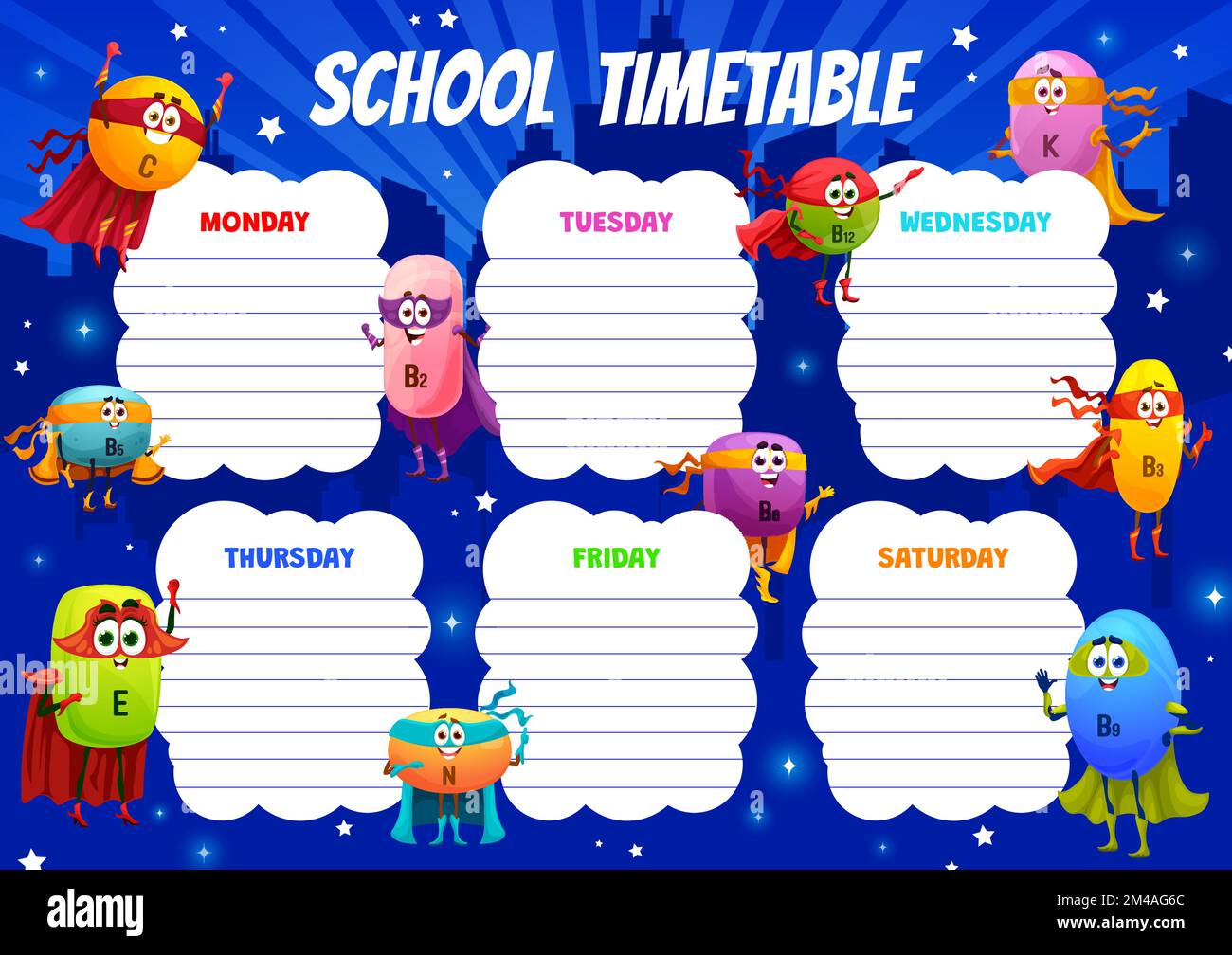 Education timetable schedule. Cartoon cheerful superhero vitamin characters. School lesson daily planner, education classes vector weekly schedule with C, B, E and N, K vitamin hero funny personages Stock Vector