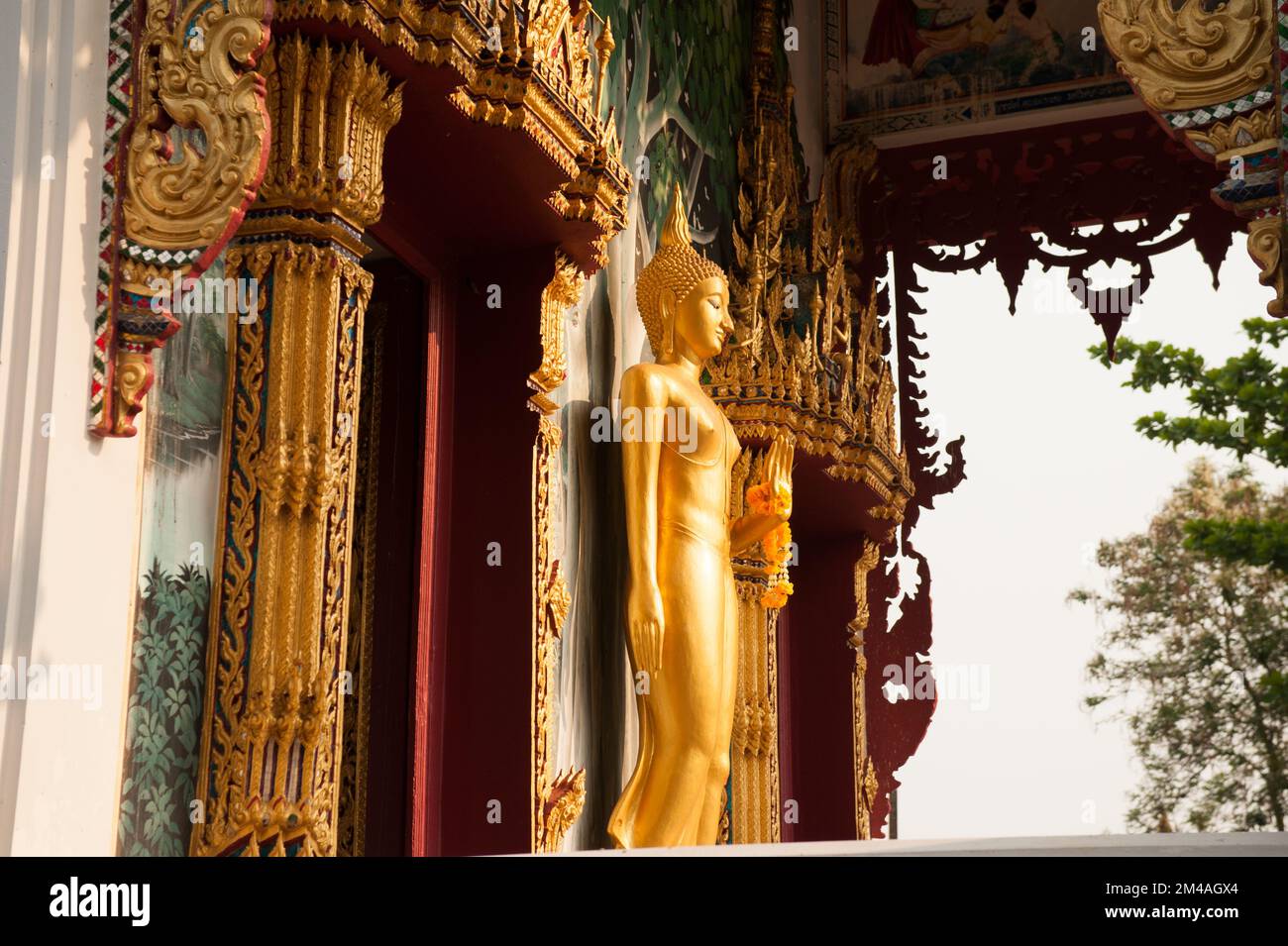 Standing Buddha front of Church at Wat Hat Siao,This temple where the Buat Chang Hat Siao ordination on the backs of elephants in Sukhothai ,Thailand. Stock Photo