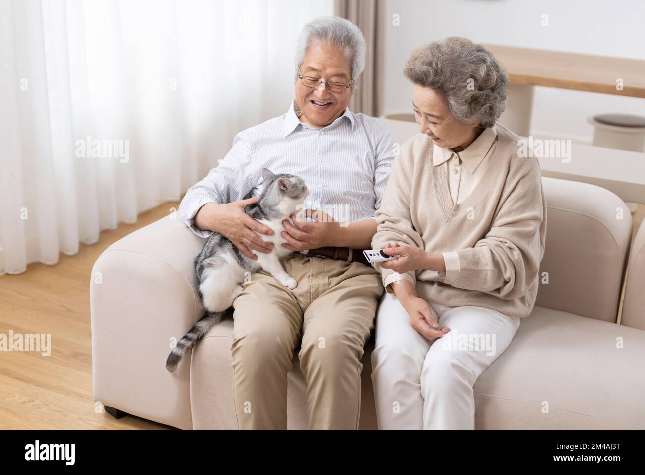 Cheerful senior Chinese couple with their cat Stock Photo