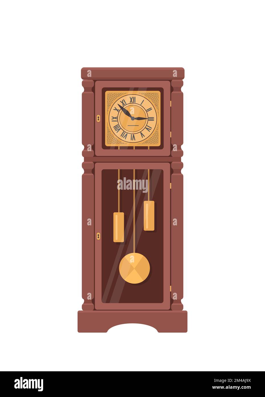 Grandfather clock made of mahogany on white background. Home interior