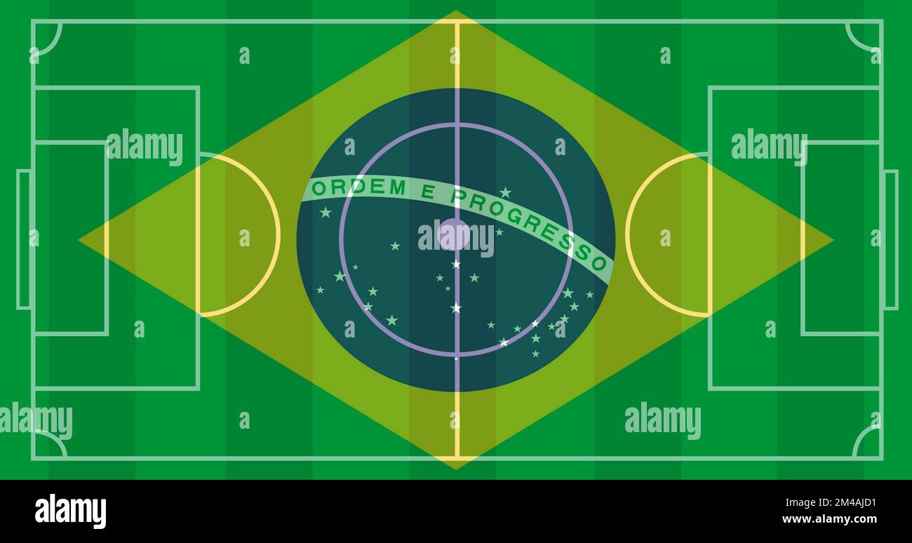 Brazilian flag on Football field. Stock Photo