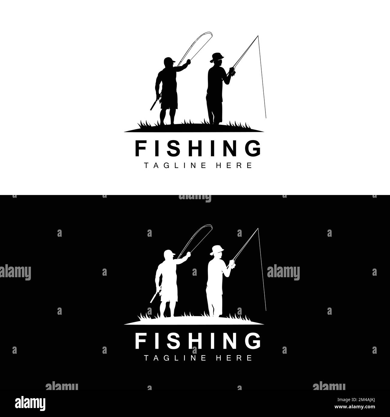 fishing logo icon vector, catch fish on the boat, outdoor sunset silhouette design Stock Vector