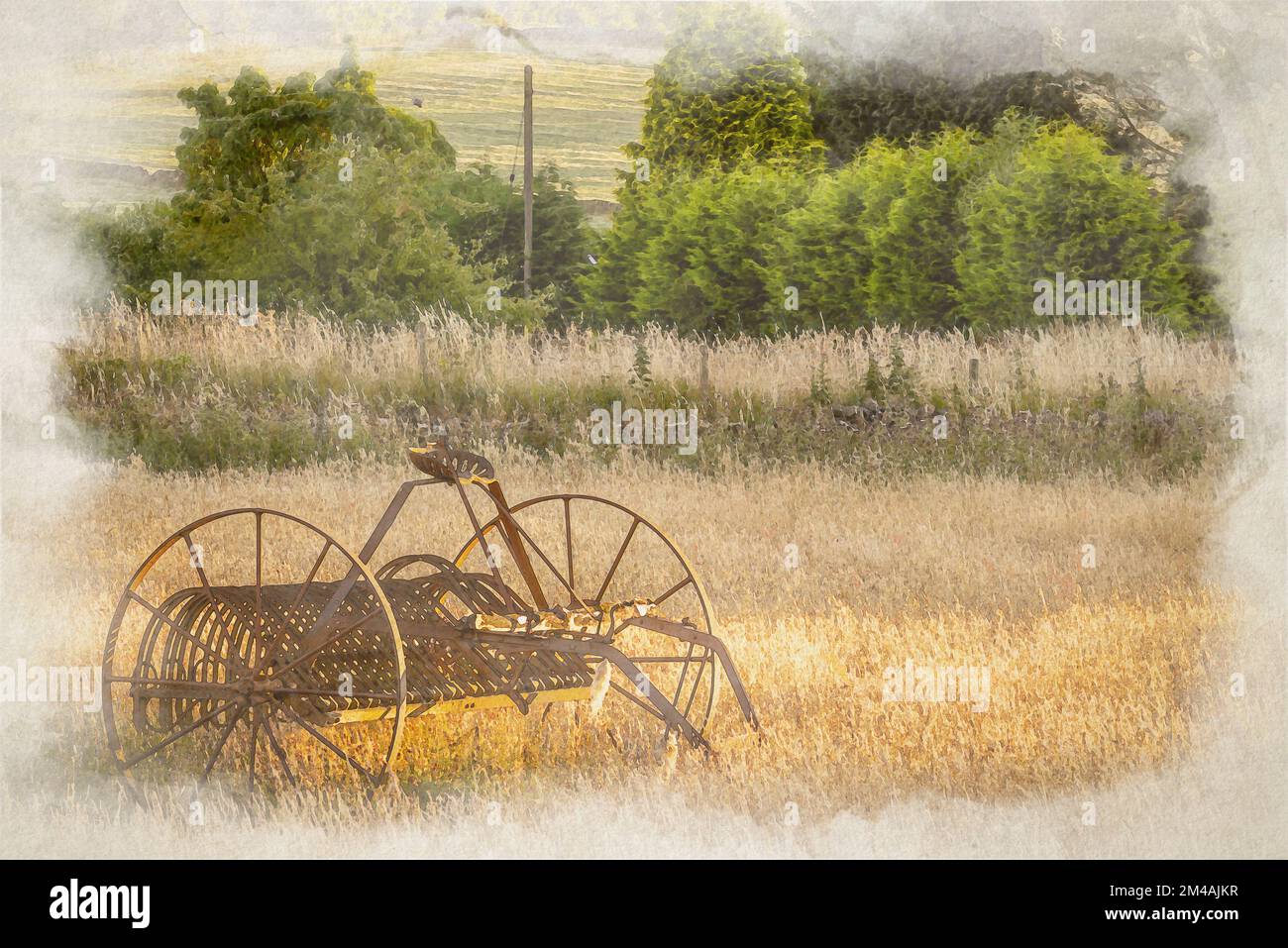 A digital watercolor rural landscape painting of an antique hay rake in ...