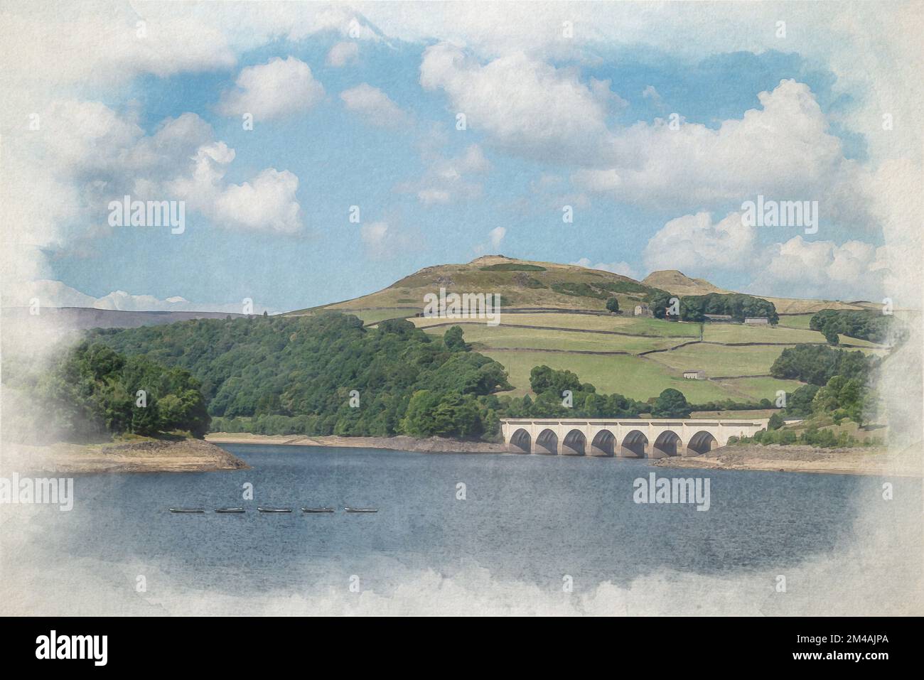 Digital watercolor painting of the Ashopton viaduct and Ladybower Reservoir in the Upper Derwent Valley, Peak District National Park, UK. Stock Photo