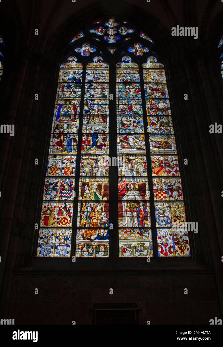 Die Kölner Domfenster erzeugen im Dom ein farbiges Licht, das im Mittelalter als wahrnehmbarer Eindruck der Allmacht Gottes galt. Stock Photo