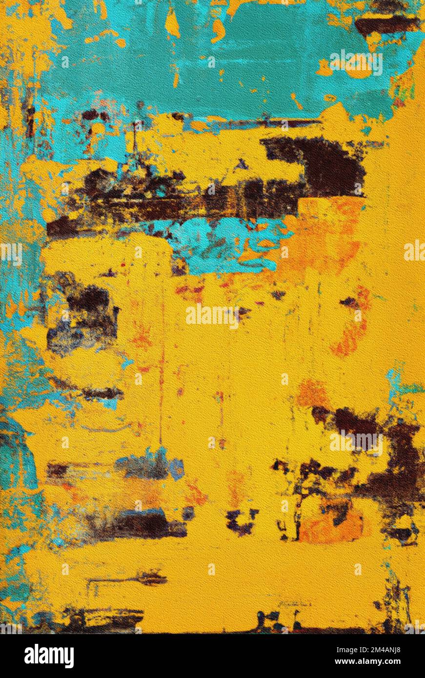 Abstract bright yellow and blue painting made with smears of oil paint