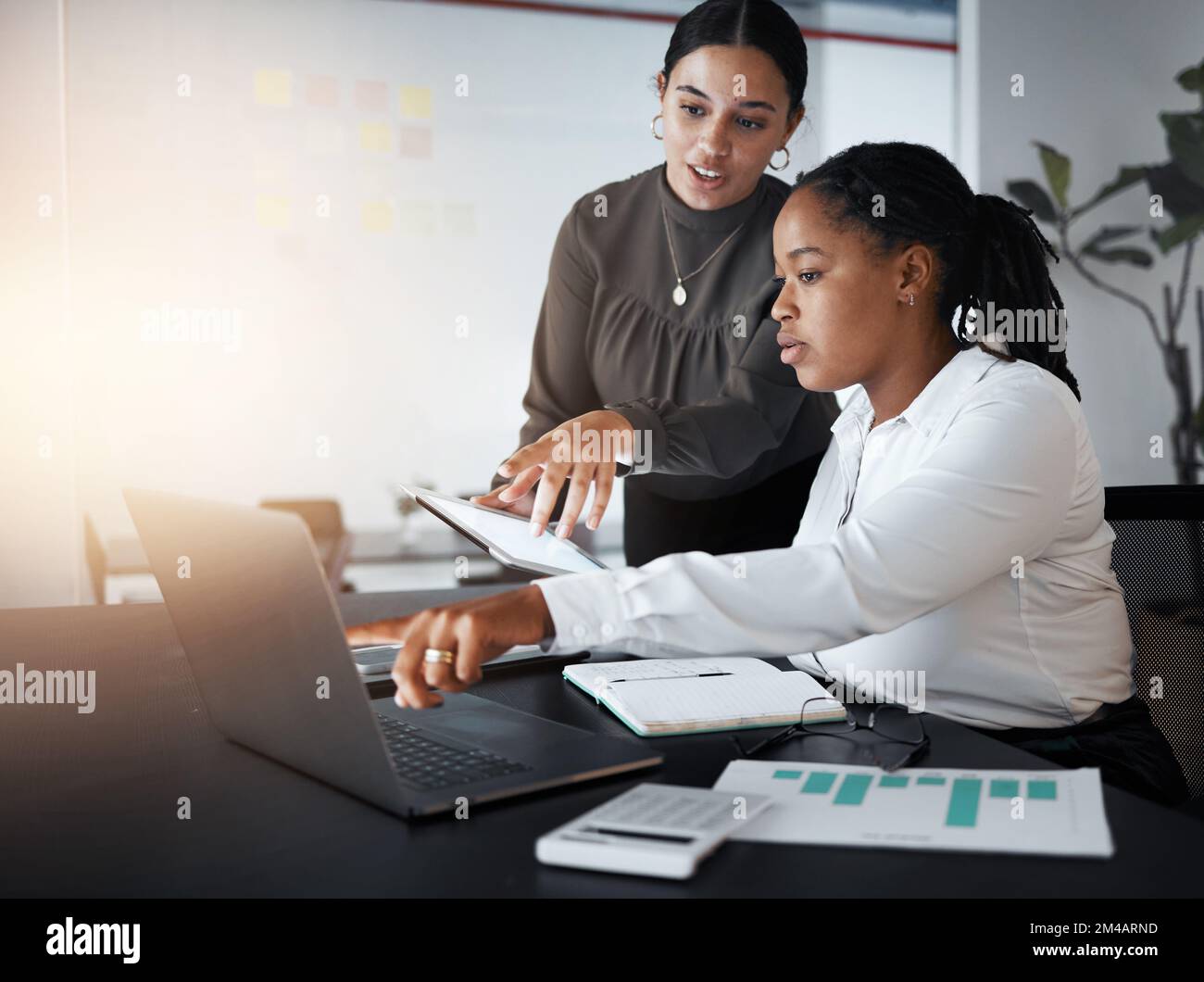 Business women, laptop and web design collaboration in office for teamwork, coaching or website marketing. Training support, planning ux creative Stock Photo