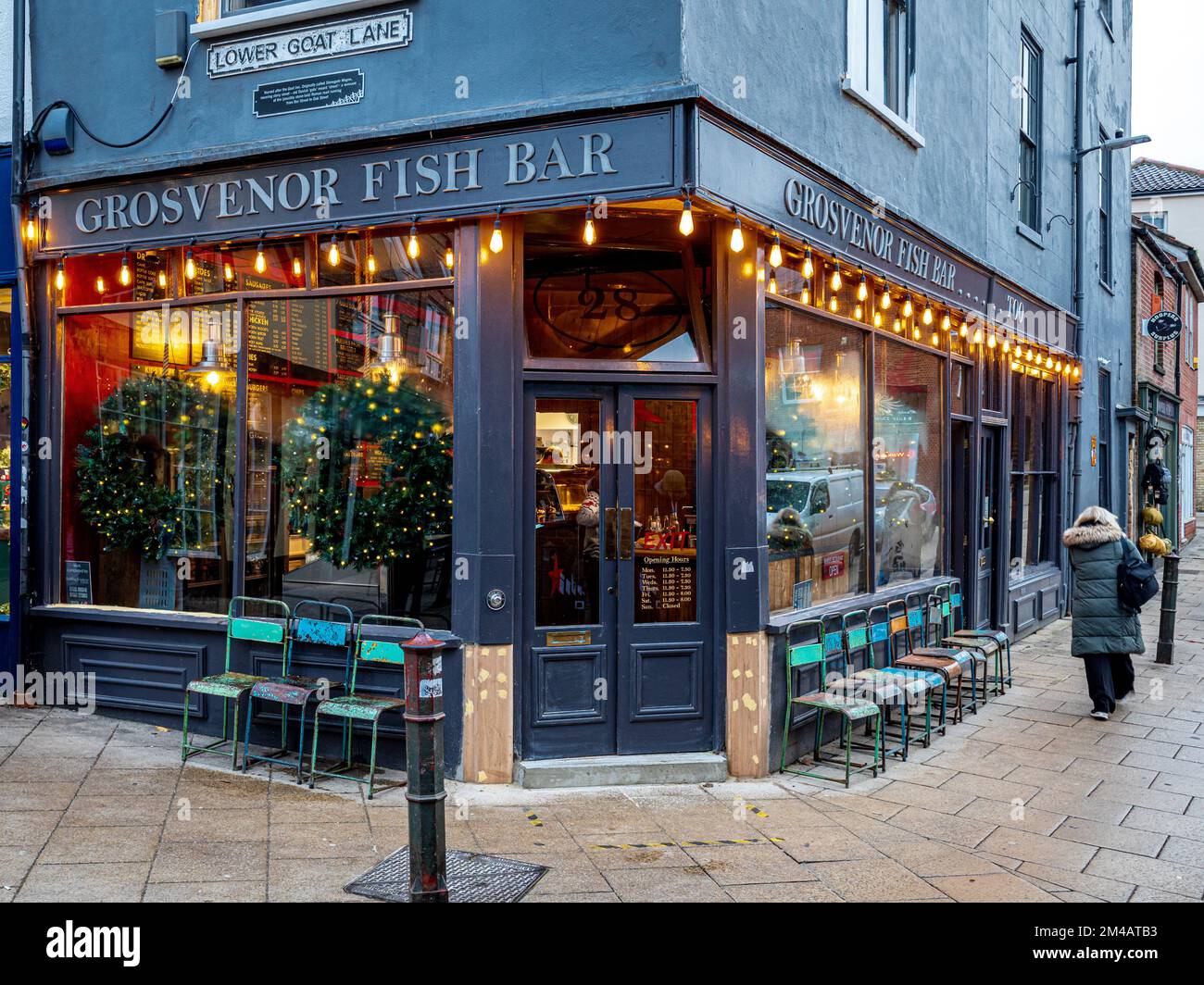 British Fish and Chip Shop -  Grosvenor Fish Bar in Norwich City Centre in the Norwich Lanes area. Stock Photo