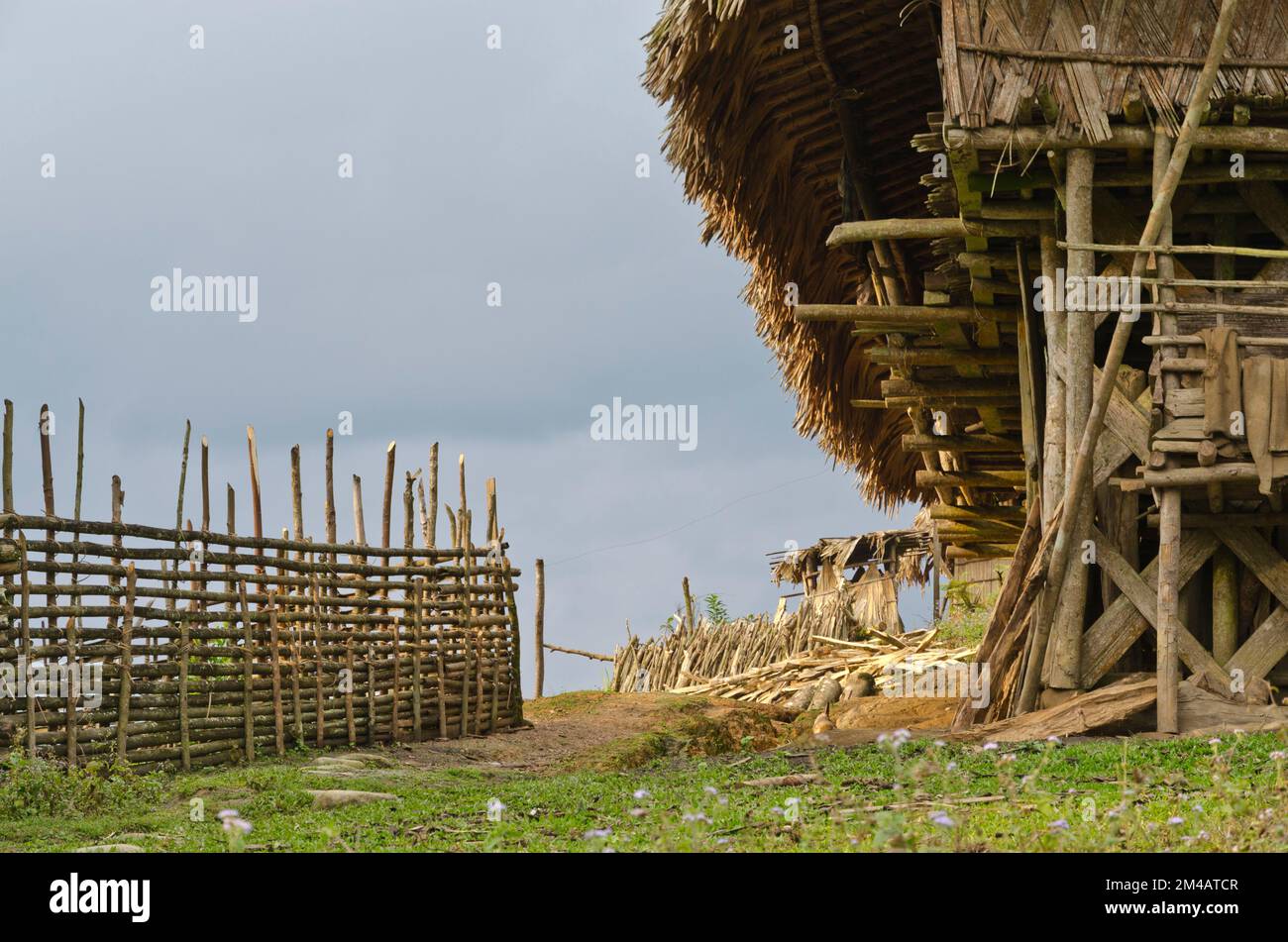 The village Kombo of the Adi Gallo-Tribe lies picturesque in the hills of Arunachal Pradesh Stock Photo